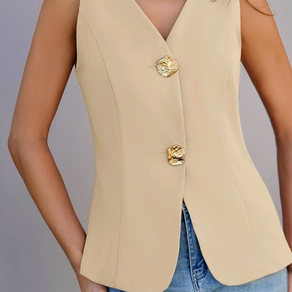 Cicy Bell Chic Beige Sleeveless Blouse with Gold Buttons